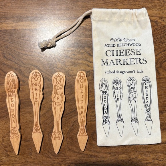 Solid Beechwood Cheese Markers Set of 4 with Storage Bag Gouda Brie Bleu Cheddar - Picture 7 of 7